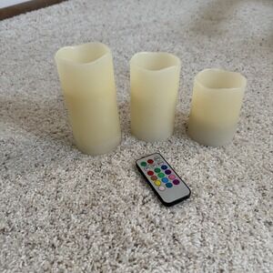 Set of 3 Flameless LED Pillar Candles Ivory Color Changing Remote Timer Cozy